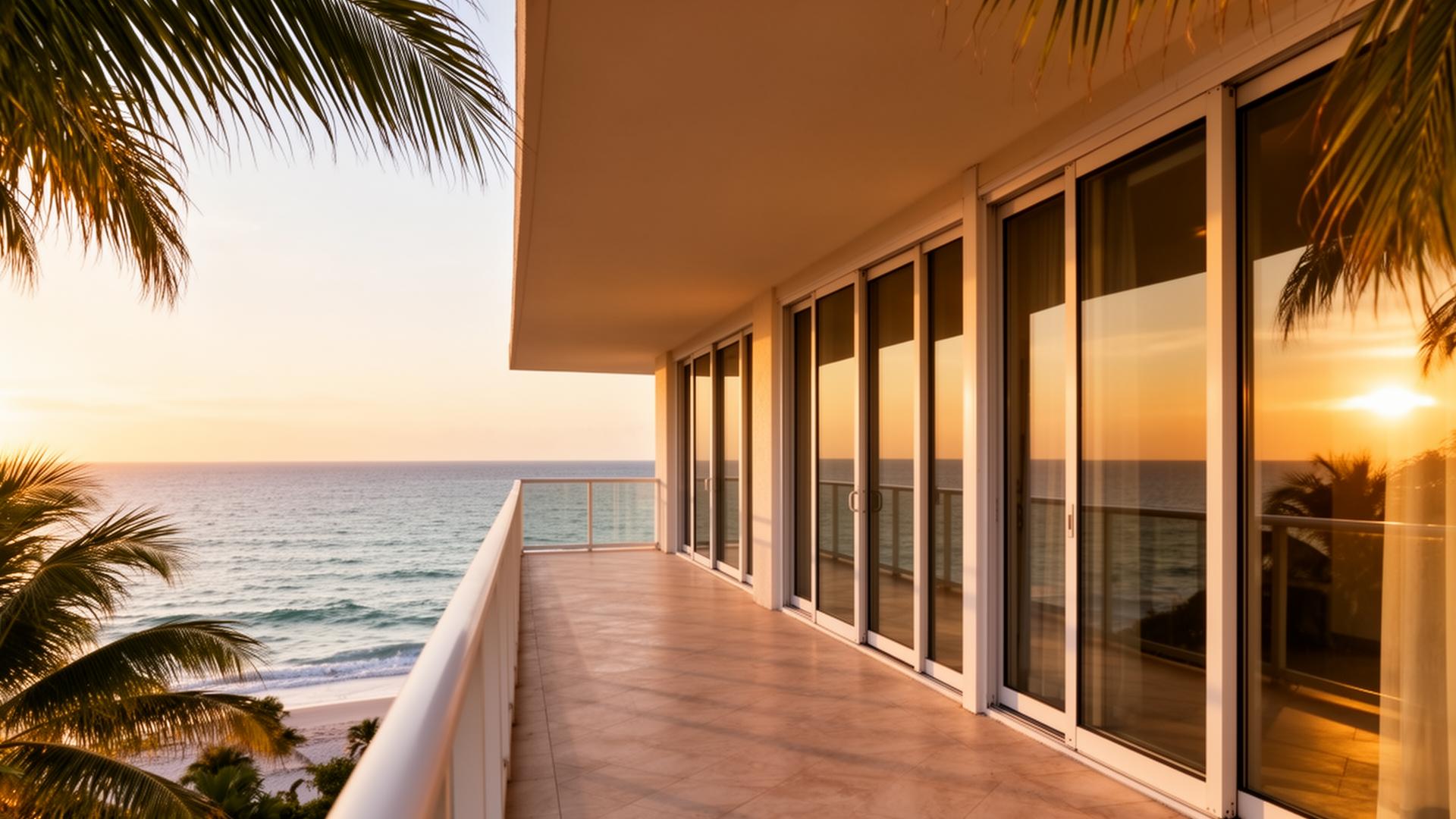 Oceanfront Florida resort balcony with a row of sliding glass doors at golden hour