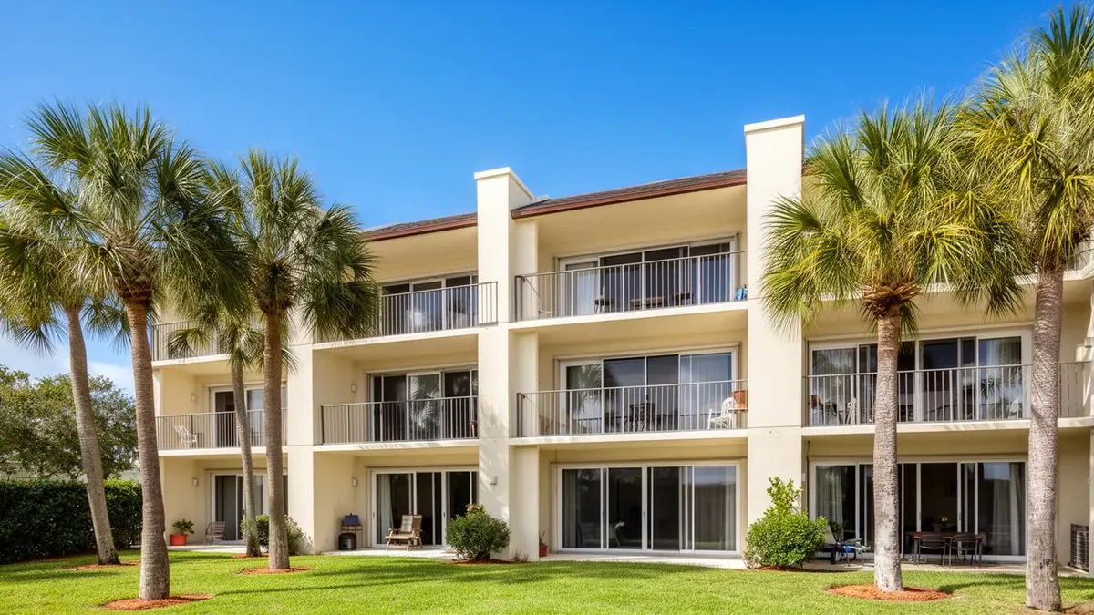 Multi-story Florida condo building with patio sliding glass doors across multiple units