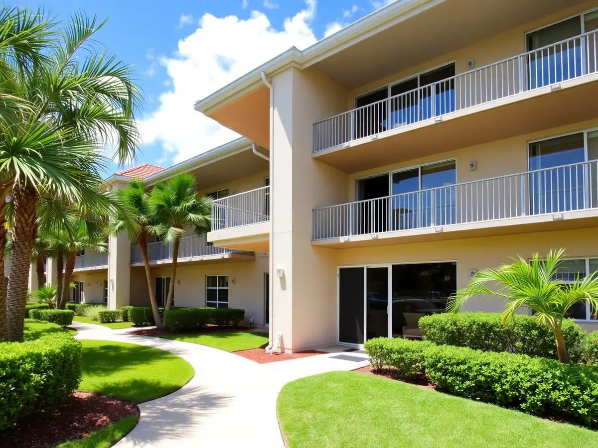 Three-story Florida garden apartment complex with patio sliding glass doors on every unit and landscaped courtyards