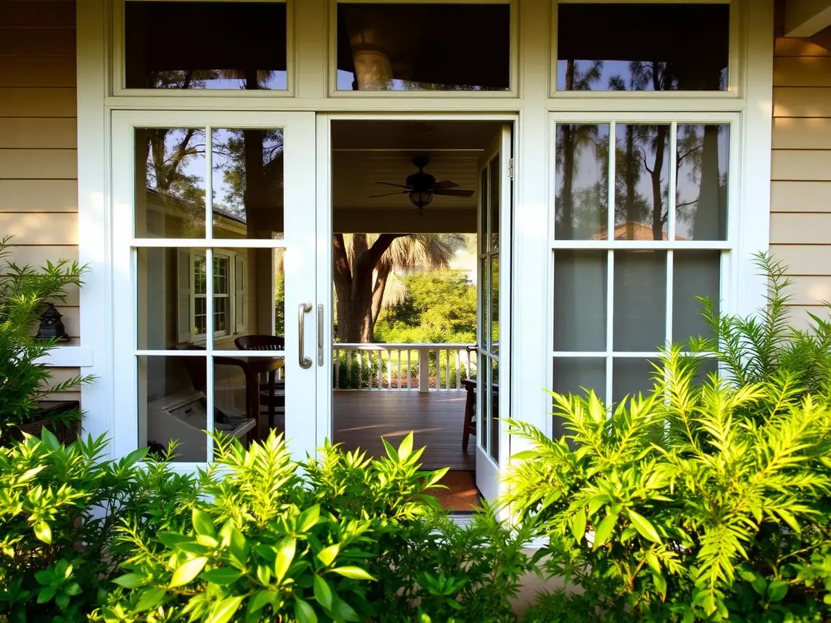 Historic Florida bed and breakfast inn exterior with sliding glass patio doors opening onto a lush garden and wraparound porch in warm afternoon light