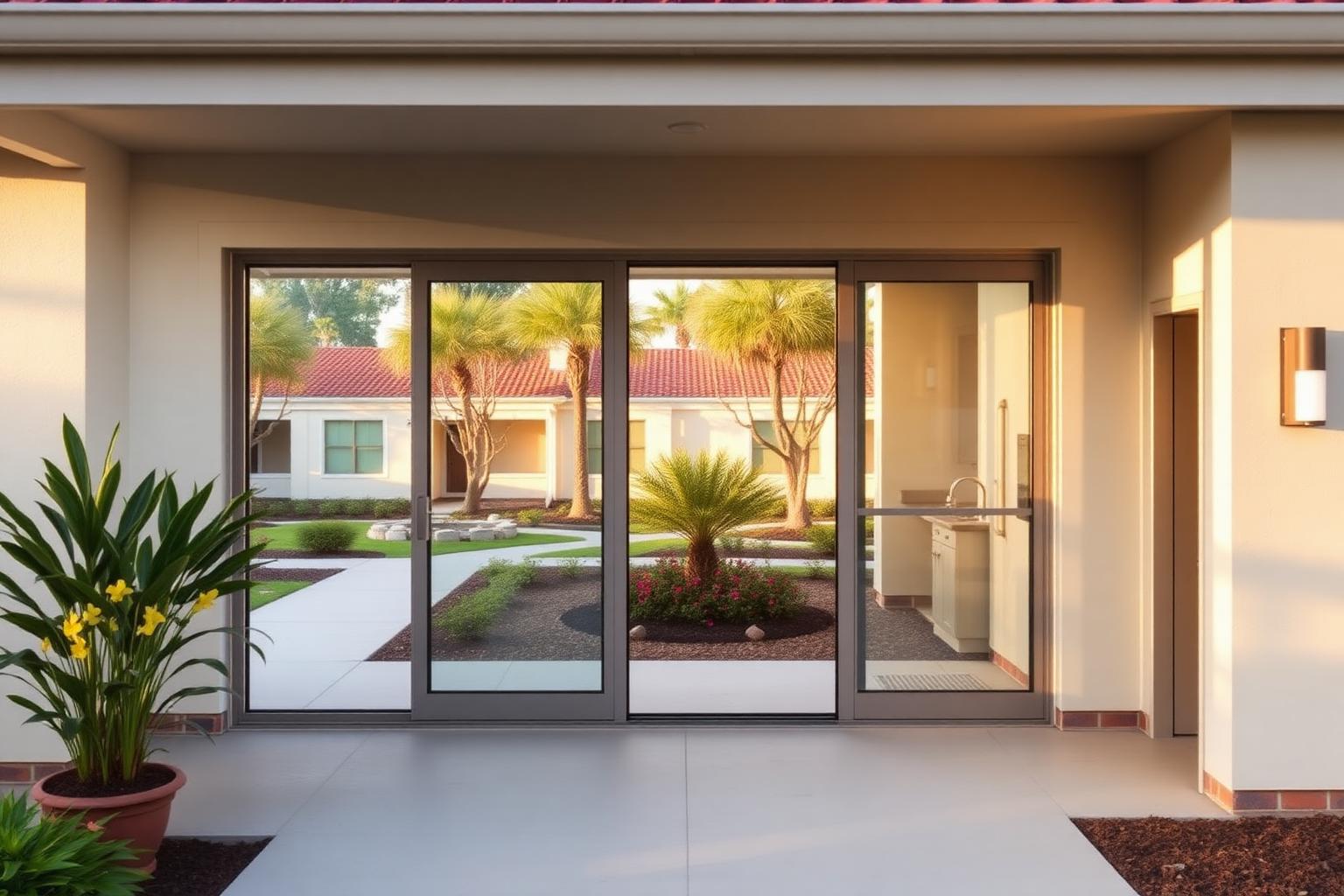 Calm Northeast Florida behavioral health facility courtyard with patient-room sliding glass doors at warm sunset