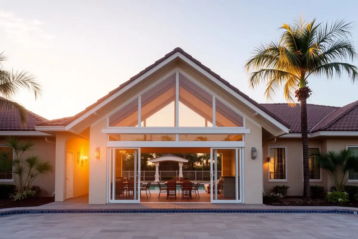 Northeast Florida HOA clubhouse with patio sliding glass doors opening to a pool deck with palms at golden hour