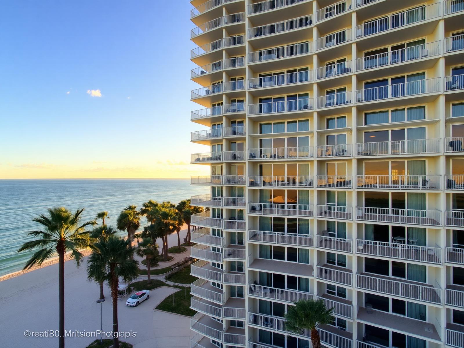 Multi-story Florida condo building with patio sliding glass doors across multiple units