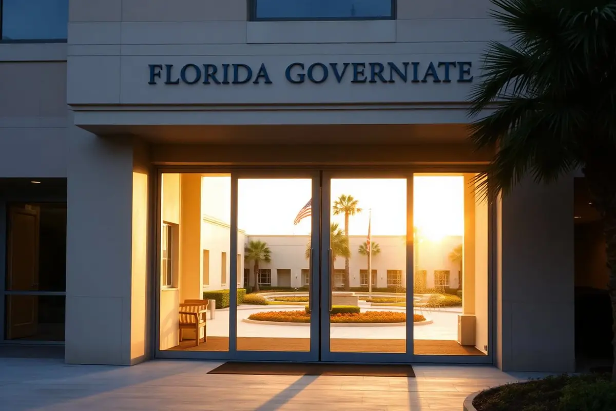 Northeast Florida civic government building with patio sliding glass doors leading to a flag-lined courtyard at sunset