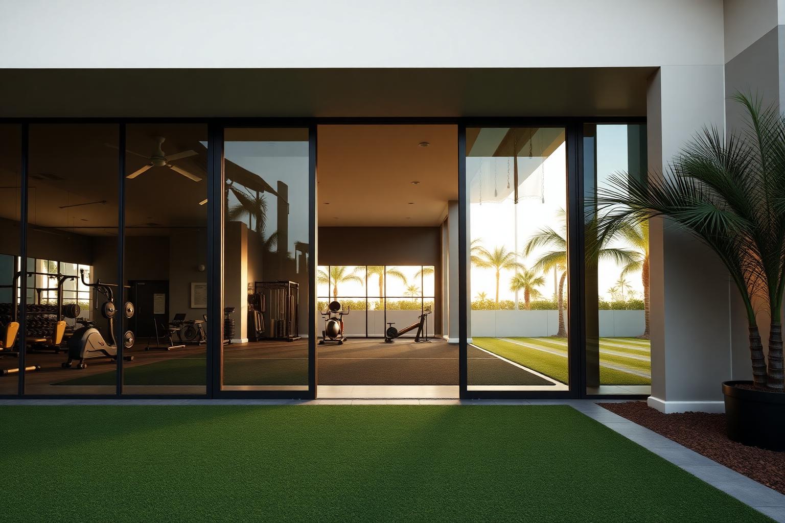 Modern Florida gym and fitness center with sliding glass doors opening to an outdoor turf training area at warm afternoon light