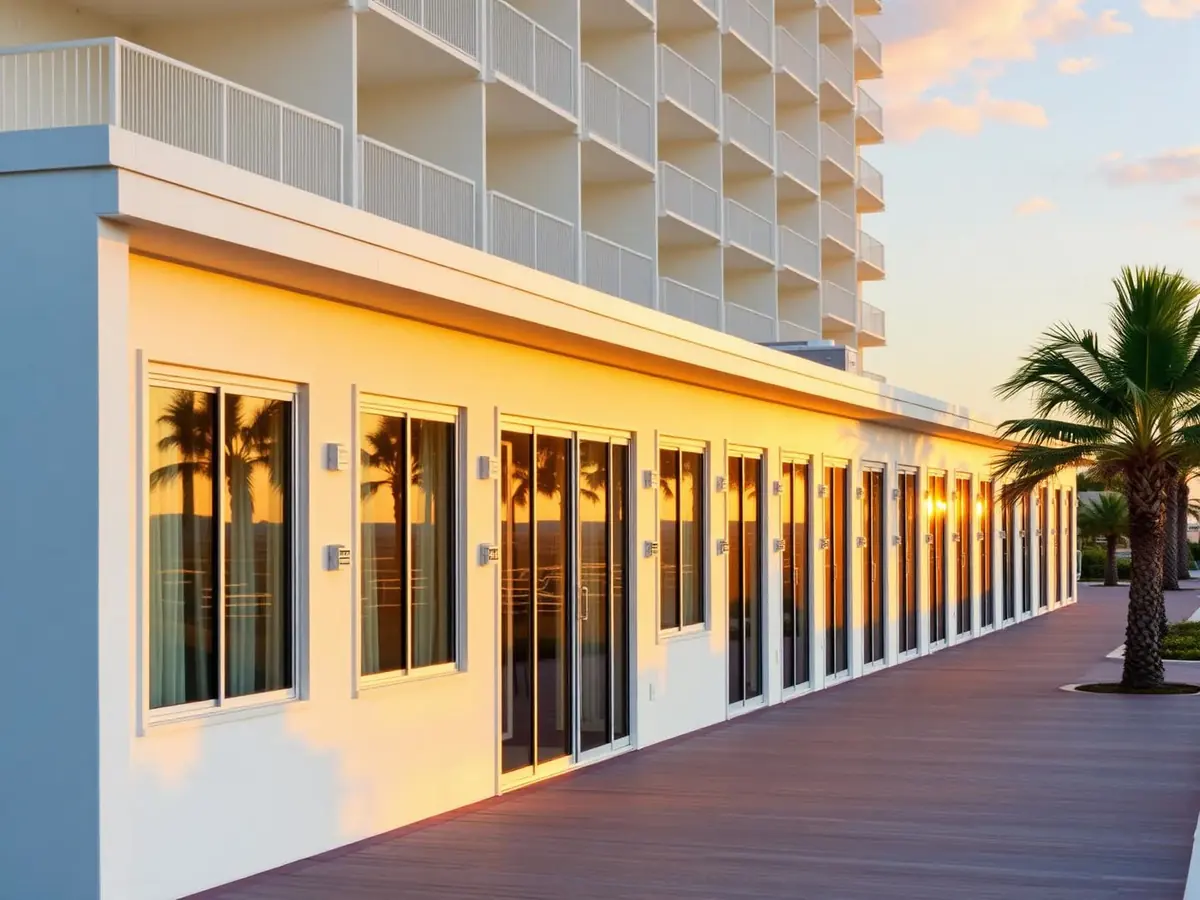 Oceanfront Florida resort with a long row of sliding glass guest-room balcony doors at golden hour