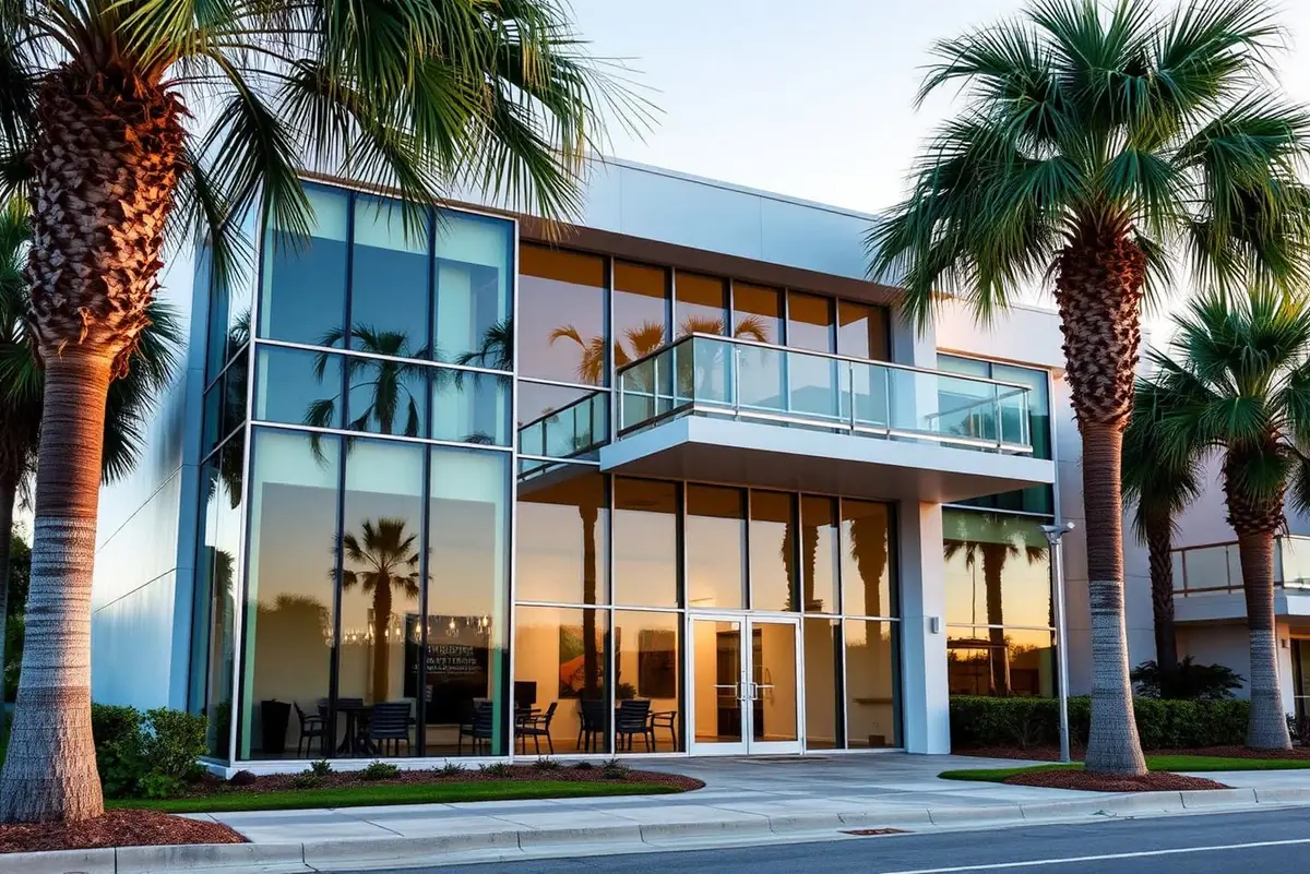 Modern Northeast Florida medical office building with patient-area sliding glass balcony doors at golden hour