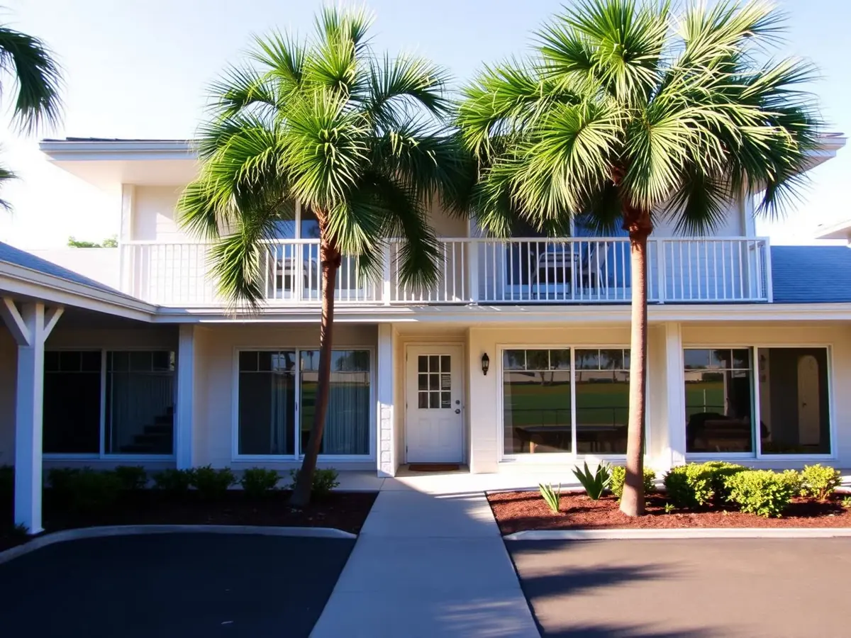 Two-story Florida motel exterior with sliding patio doors on guest units and an exterior walkway, palm trees and sunny daylight