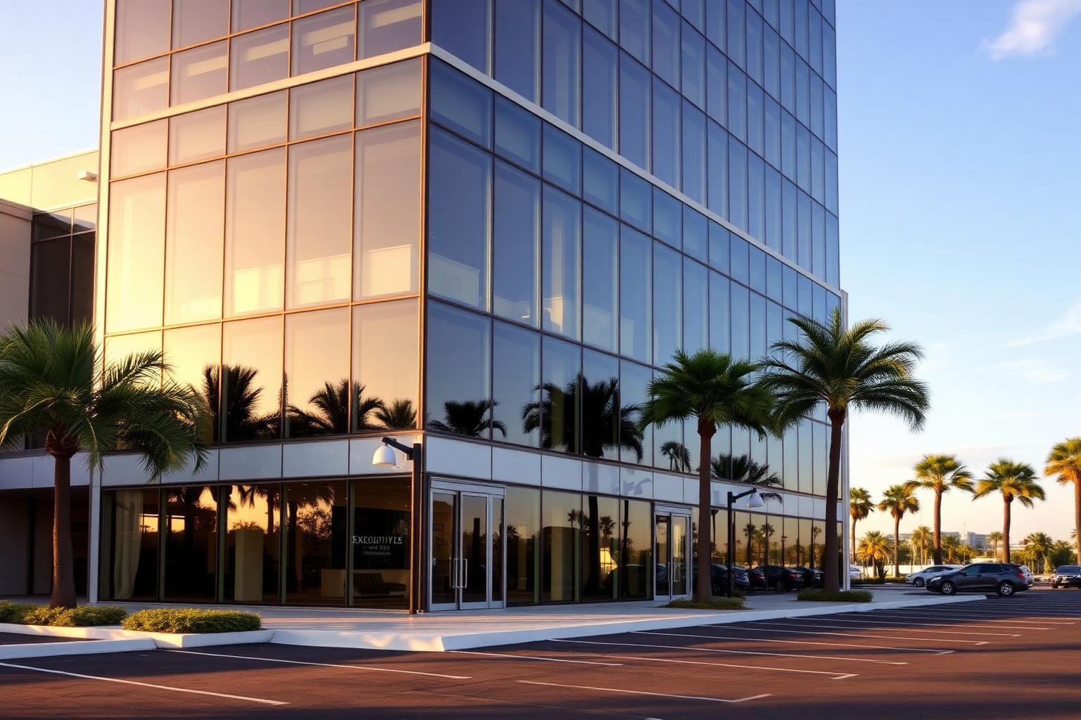 Class A Northeast Florida office building with executive-suite balcony sliding glass doors at golden hour
