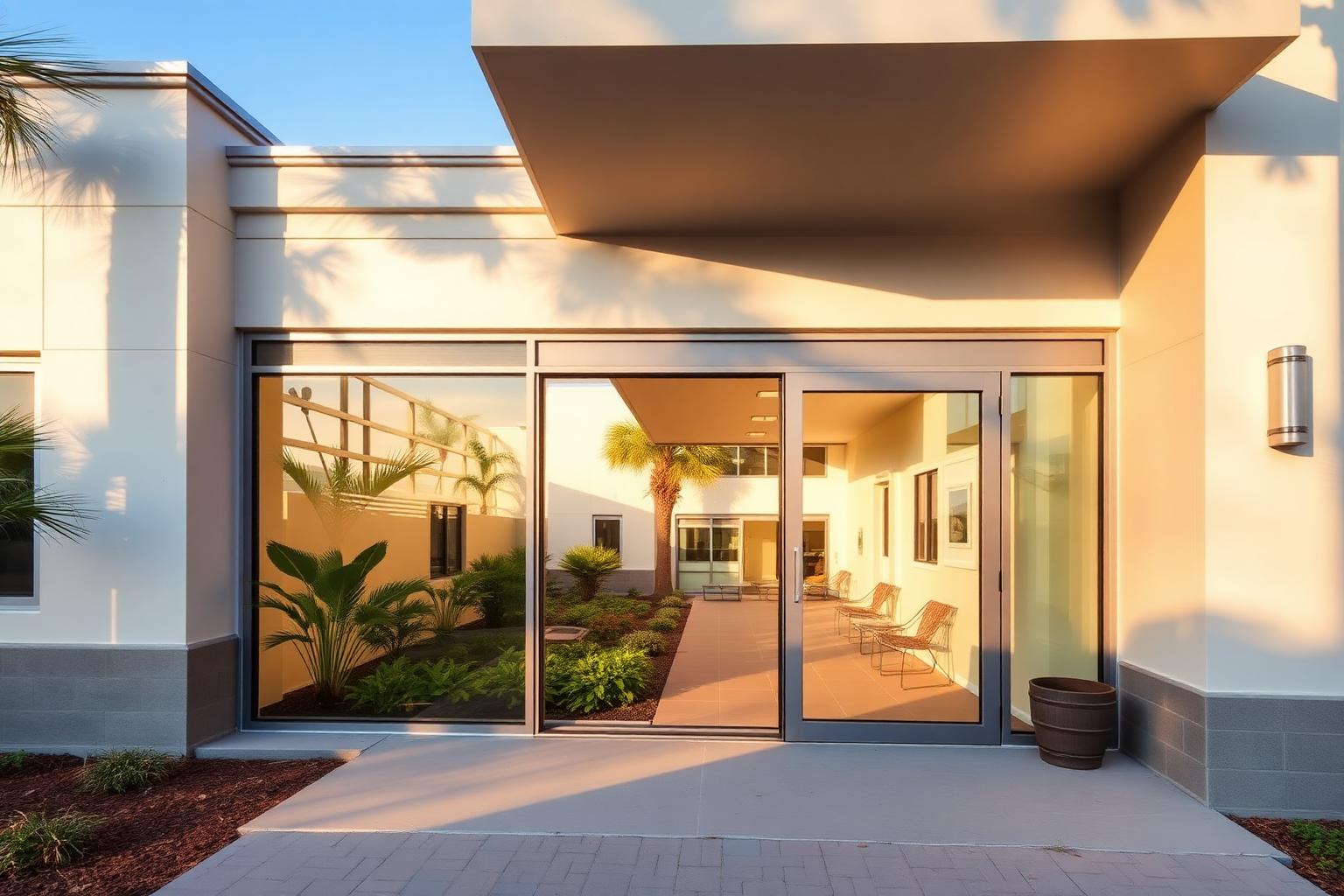 Florida outpatient surgery center exterior with patient sliding glass doors opening to a landscaped healing courtyard