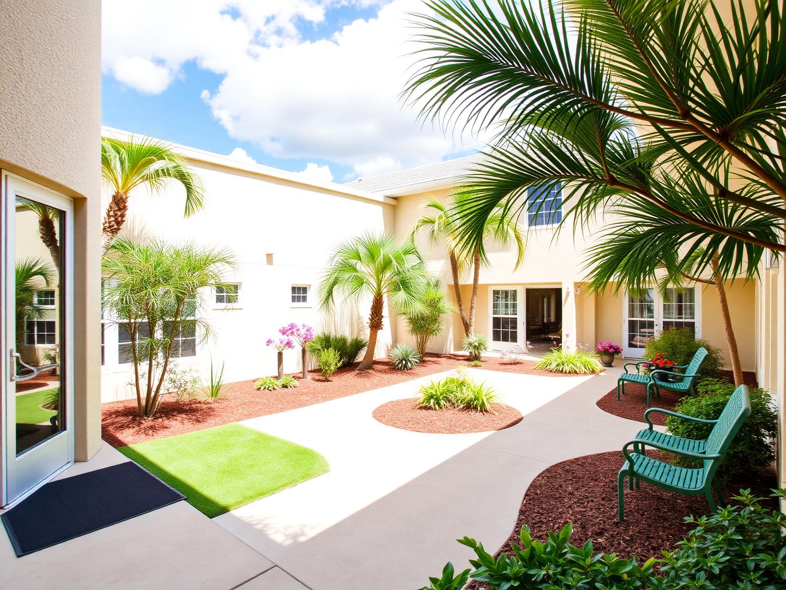 Sunny landscaped courtyard at a Florida senior living community surrounded by accessible patio sliding glass doors to ground-floor resident rooms