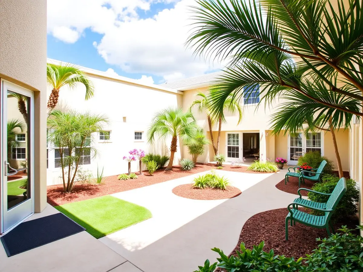 Sunny landscaped courtyard at a Florida senior living community surrounded by accessible patio sliding glass doors to ground-floor resident rooms