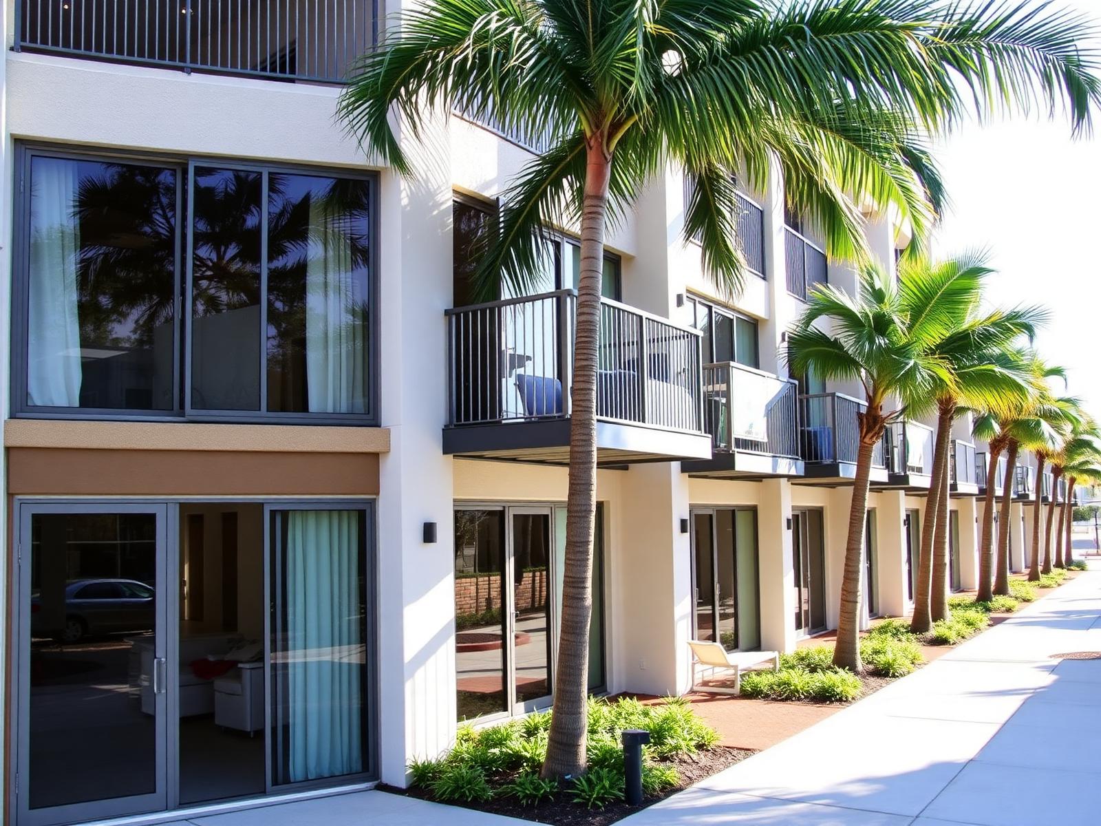 Modern off-campus Florida student housing apartment building with patio sliding glass doors and balconies amid palm trees