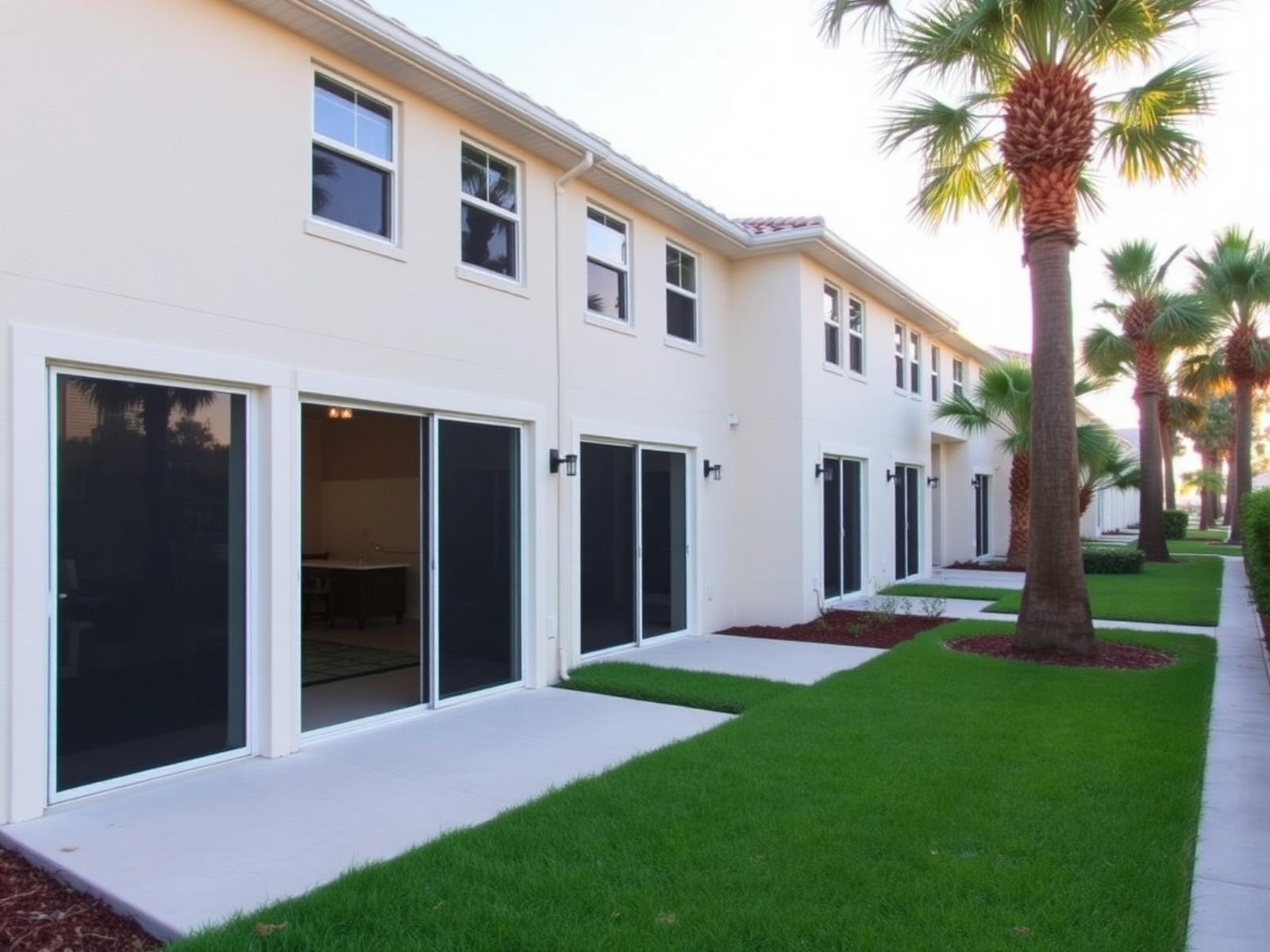 Row of modern Florida townhomes with rear patio sliding glass doors, manicured backyards, and palm trees