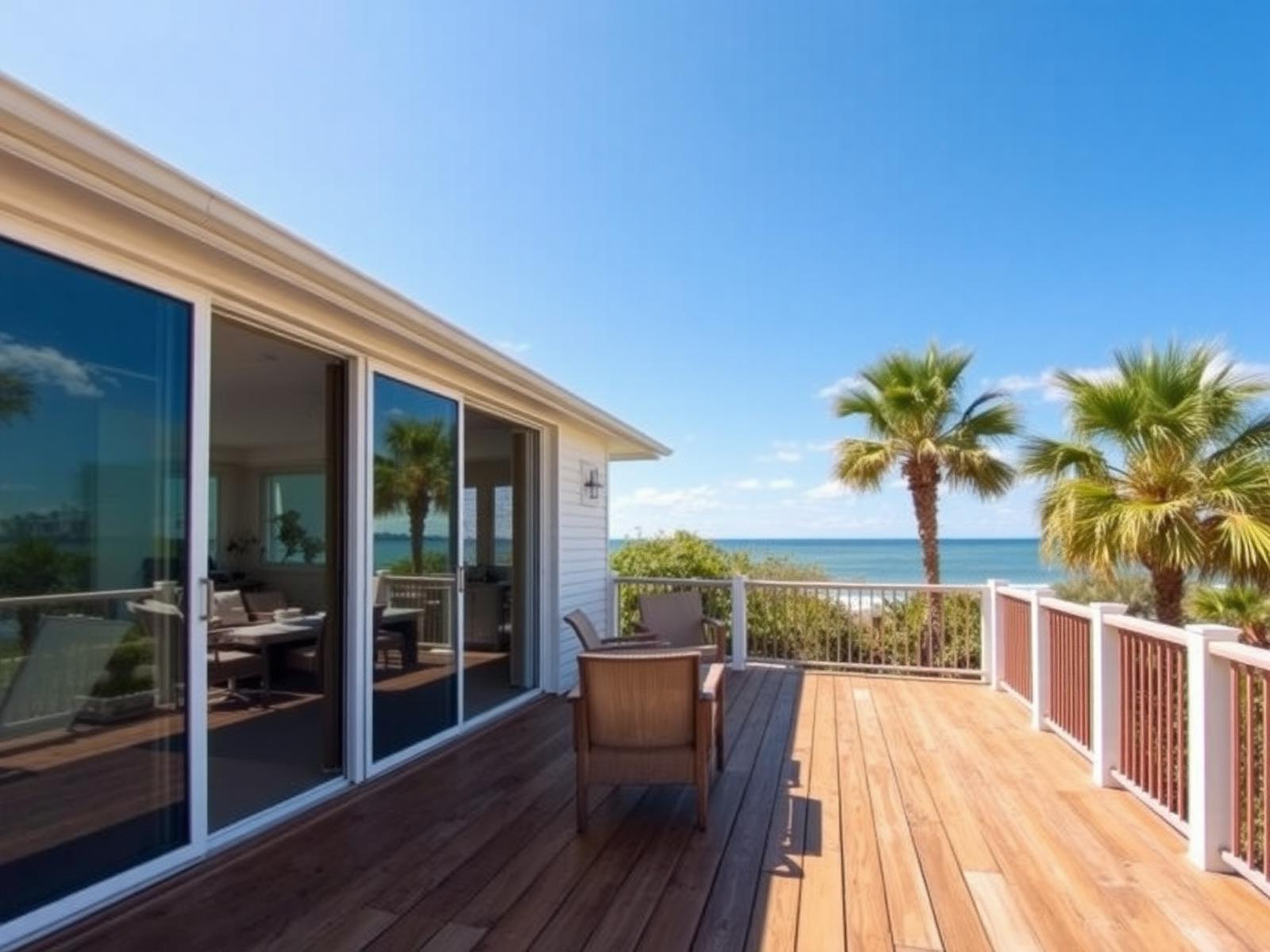 Coastal Florida vacation rental beach house with sliding glass doors opening to a wooden deck overlooking palms and the ocean