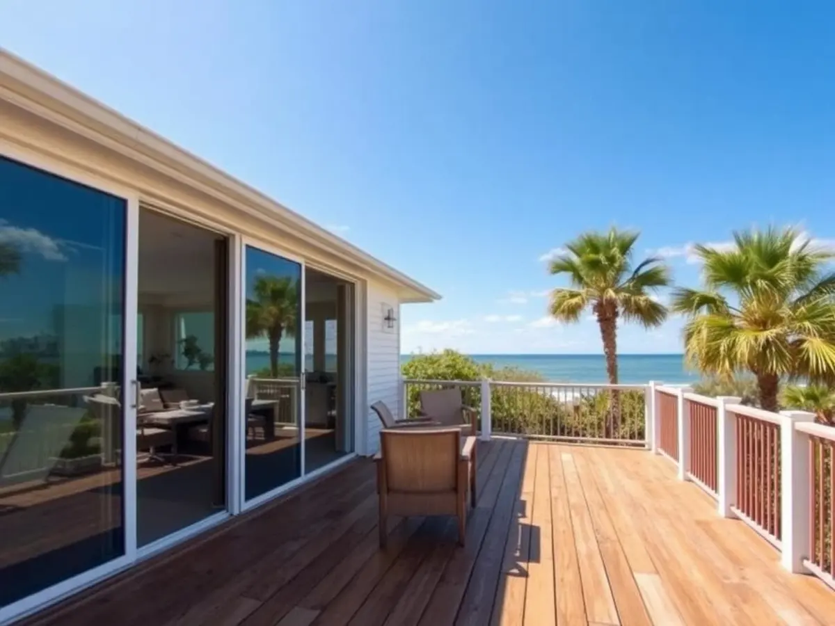 Coastal Florida vacation rental beach house with sliding glass doors opening to a wooden deck overlooking palms and the ocean